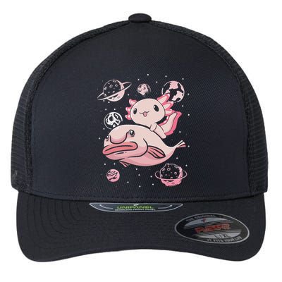 Cute Kawaii Pink Axolotl Riding A Blobfish Funny Axolotls  Flexfit Unipanel Trucker Cap