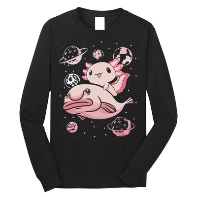 Cute Kawaii Pink Axolotl Riding A Blobfish Funny Axolotls  Long Sleeve Shirt