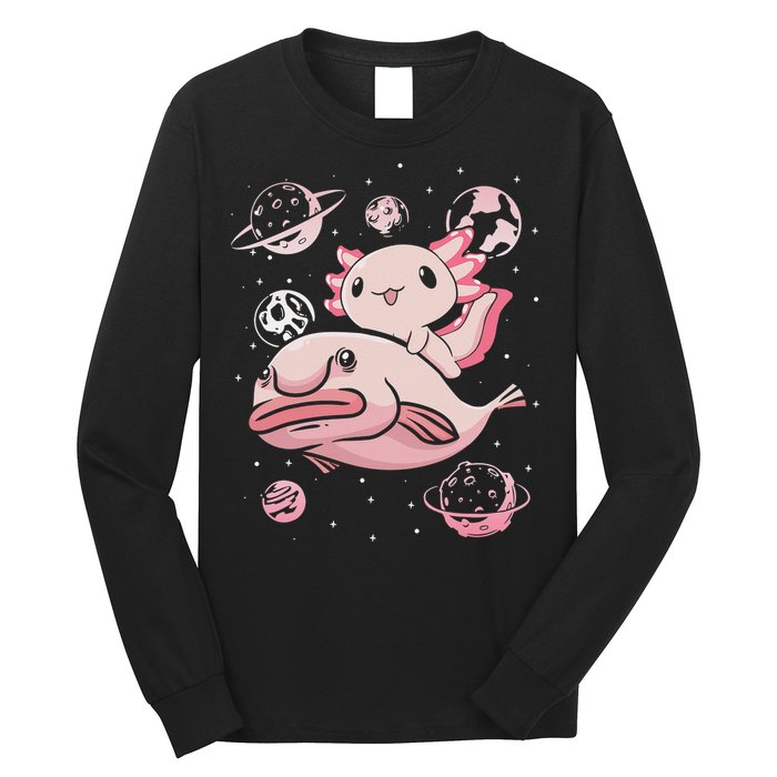 Cute Kawaii Pink Axolotl Riding A Blobfish Funny Axolotls  Long Sleeve Shirt