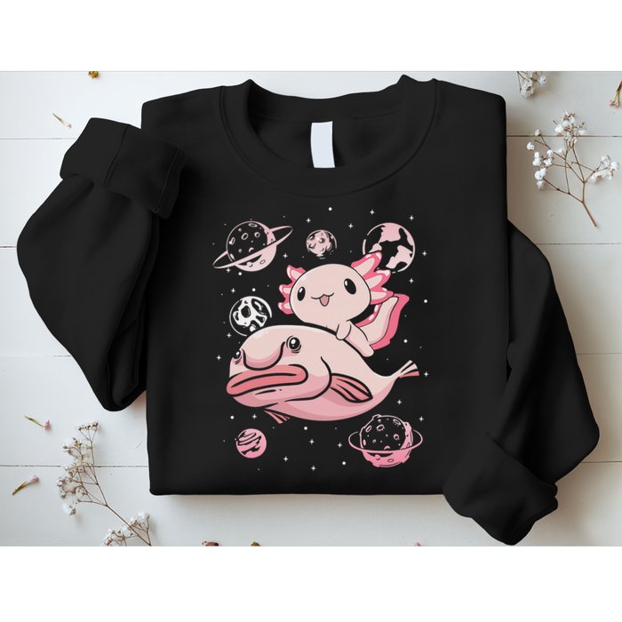 Cute Kawaii Pink Axolotl Riding A Blobfish Funny Axolotls  Sweatshirt