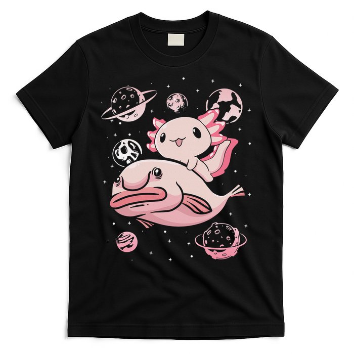 Cute Kawaii Pink Axolotl Riding A Blobfish Funny Axolotls  T-Shirt