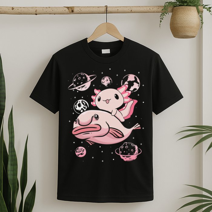 Cute Kawaii Pink Axolotl Riding A Blobfish Funny Axolotls  T-Shirt