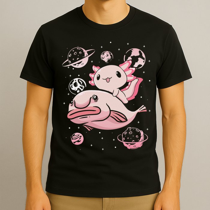 Cute Kawaii Pink Axolotl Riding A Blobfish Funny Axolotls  T-Shirt