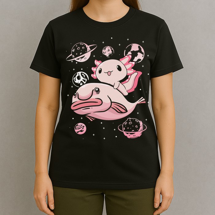 Cute Kawaii Pink Axolotl Riding A Blobfish Funny Axolotls  T-Shirt