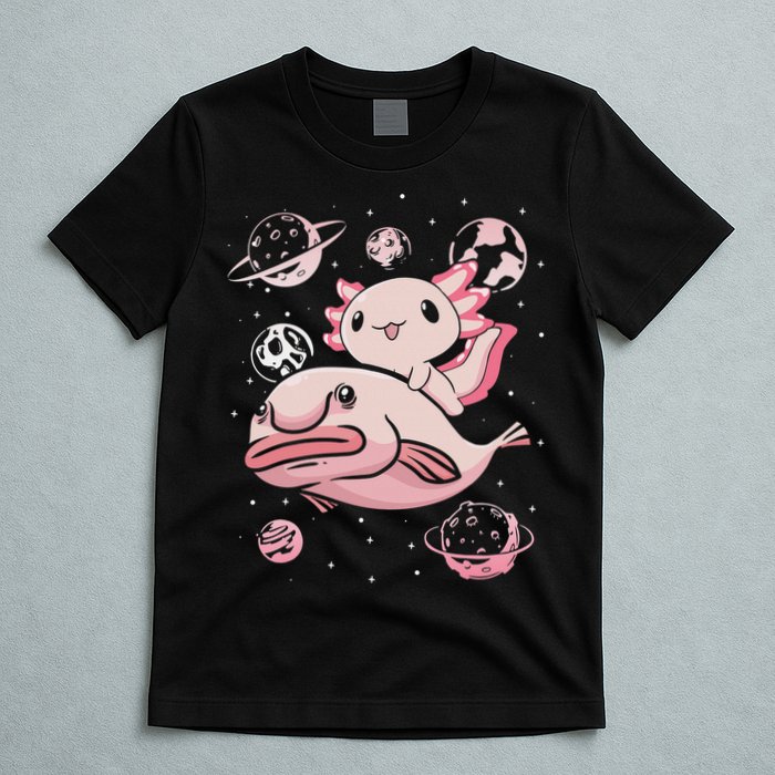 Cute Kawaii Pink Axolotl Riding A Blobfish Funny Axolotls  T-Shirt