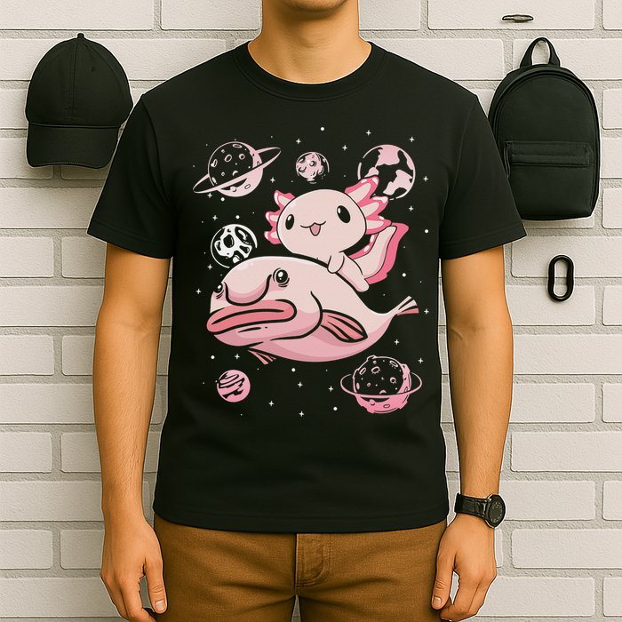 Cute Kawaii Pink Axolotl Riding A Blobfish Funny Axolotls  T-Shirt