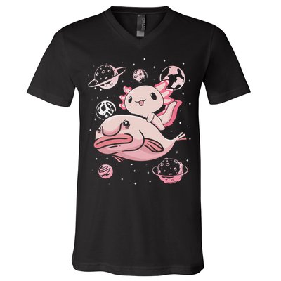 Cute Kawaii Pink Axolotl Riding A Blobfish Funny Axolotls  V-Neck T-Shirt