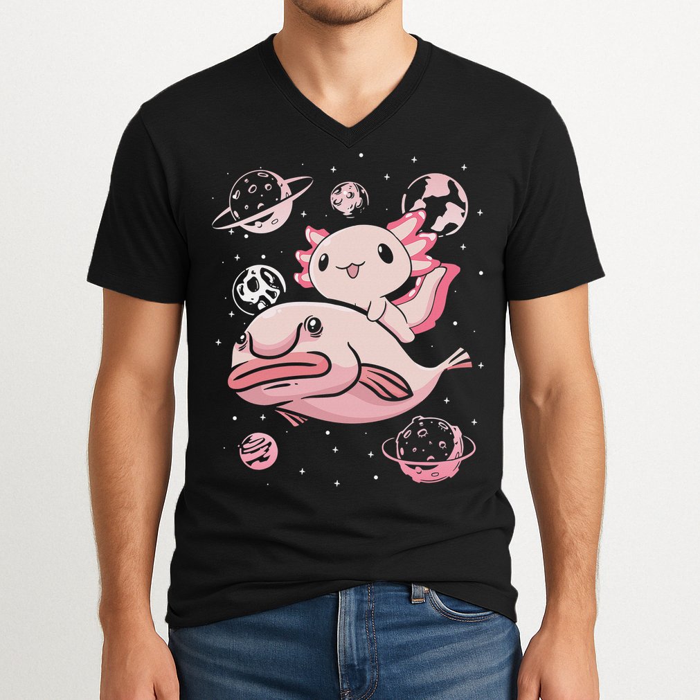 Cute Kawaii Pink Axolotl Riding A Blobfish Funny Axolotls  V-Neck T-Shirt