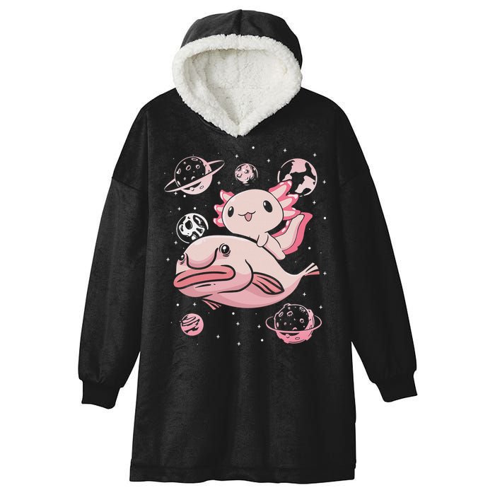 Cute Kawaii Pink Axolotl Riding A Blobfish Funny Axolotls  Hooded Wearable Blanket