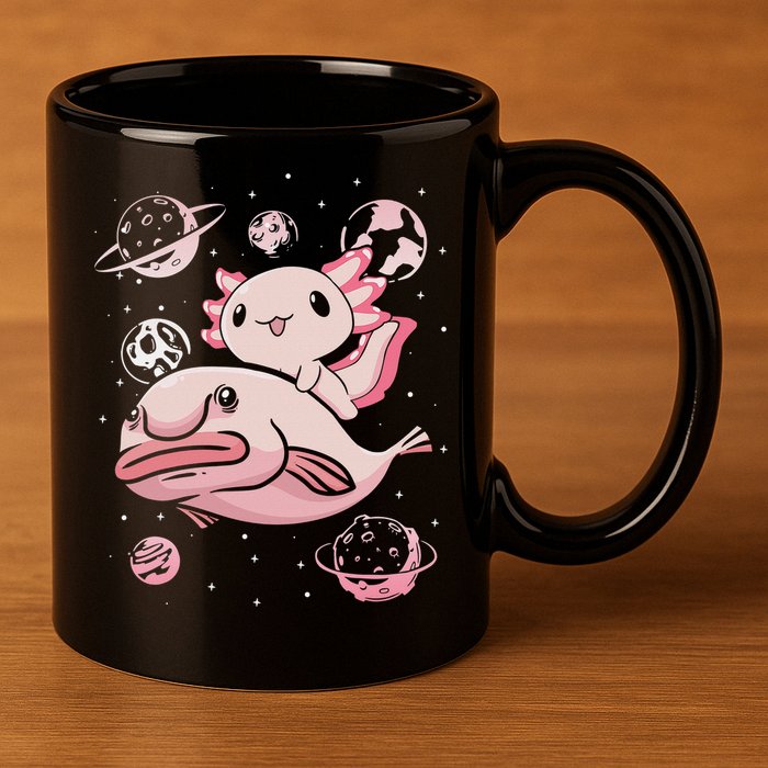 Cute Kawaii Pink Axolotl Riding A Blobfish Funny Axolotls  11oz C Handle Ceramic Mug