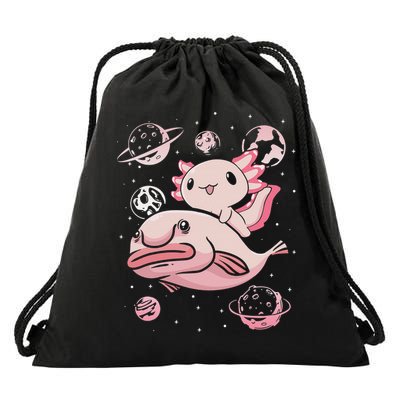 Cute Kawaii Pink Axolotl Riding A Blobfish Funny Axolotls  Drawstring Bag