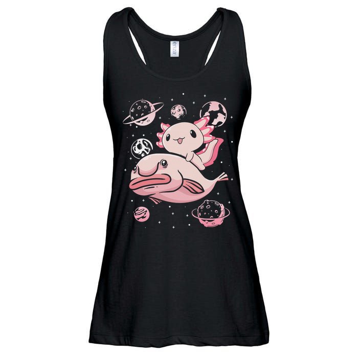 Cute Kawaii Pink Axolotl Riding A Blobfish Funny Axolotls  Ladies Essential Flowy Tank