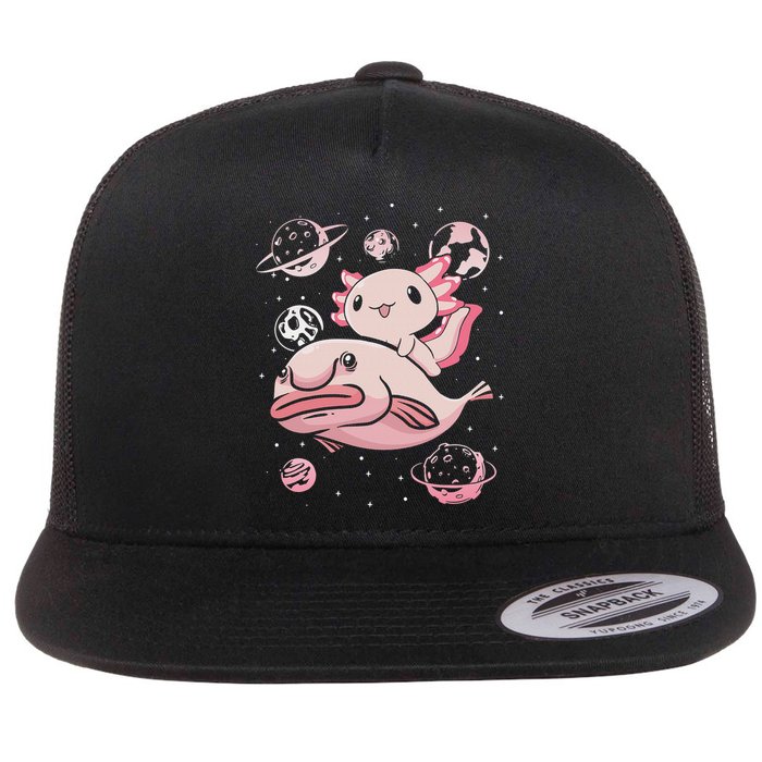 Cute Kawaii Pink Axolotl Riding A Blobfish Funny Axolotls  Flatbill Hat