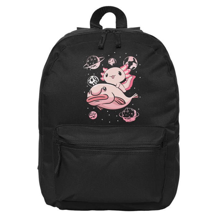 Cute Kawaii Pink Axolotl Riding A Blobfish Funny Axolotls  16 in Basic Backpack