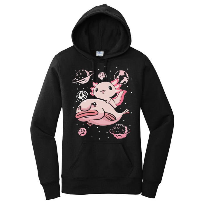 Cute Kawaii Pink Axolotl Riding A Blobfish Funny Axolotls  Women's Pullover Hoodie