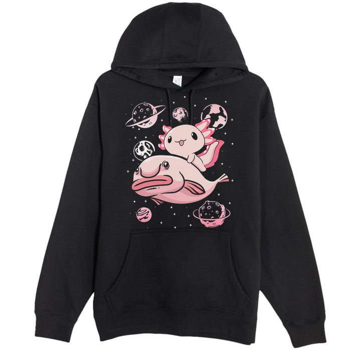 Cute Kawaii Pink Axolotl Riding A Blobfish Funny Axolotls  Premium Pullover Hoodie