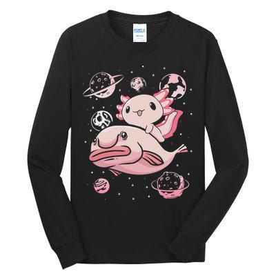 Cute Kawaii Pink Axolotl Riding A Blobfish Funny Axolotls  Tall Long Sleeve T-Shirt