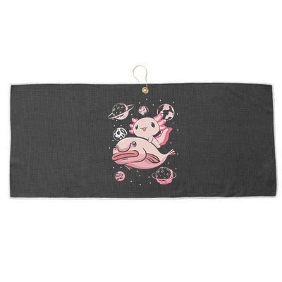 Cute Kawaii Pink Axolotl Riding A Blobfish Funny Axolotls  Large Microfiber Waffle Golf Towel