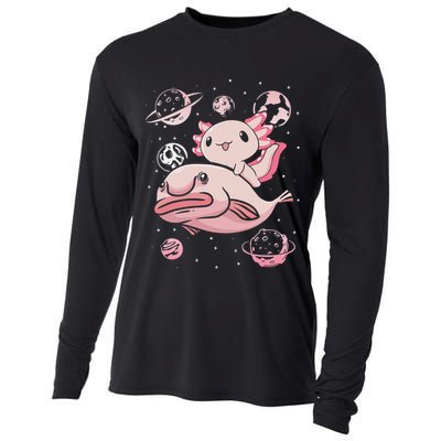 Cute Kawaii Pink Axolotl Riding A Blobfish Funny Axolotls  Cooling Performance Long Sleeve Crew