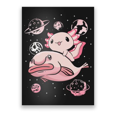 Cute Kawaii Pink Axolotl Riding A Blobfish Funny Axolotls  Poster