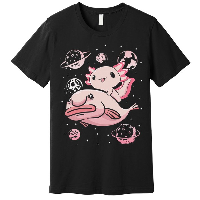 Cute Kawaii Pink Axolotl Riding A Blobfish Funny Axolotls  Premium T-Shirt