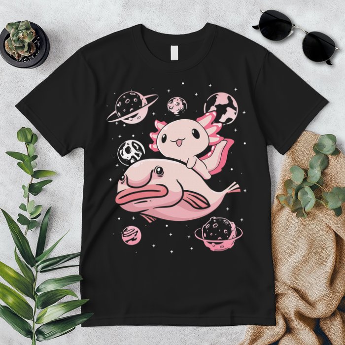 Cute Kawaii Pink Axolotl Riding A Blobfish Funny Axolotls  Premium T-Shirt