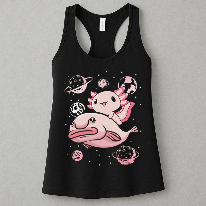 Cute Kawaii Pink Axolotl Riding A Blobfish Funny Axolotls  Womens Tank Top
