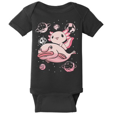 Cute Kawaii Pink Axolotl Riding A Blobfish Funny Axolotls  Baby Bodysuit