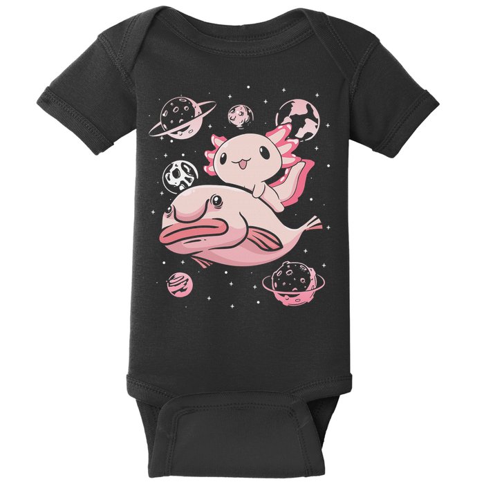 Cute Kawaii Pink Axolotl Riding A Blobfish Funny Axolotls  Baby Bodysuit