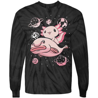 Cute Kawaii Pink Axolotl Riding A Blobfish Funny Axolotls  Tie-Dye Long Sleeve Shirt