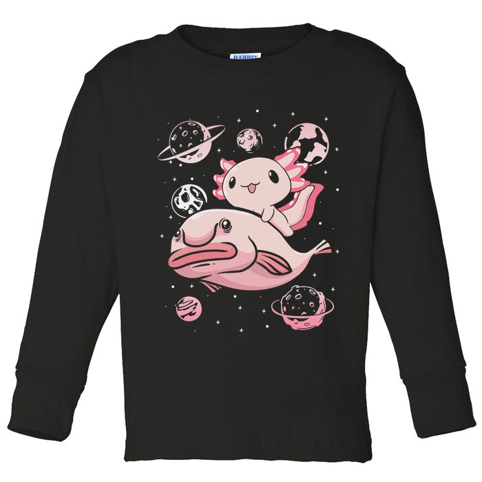 Cute Kawaii Pink Axolotl Riding A Blobfish Funny Axolotls  Toddler Long Sleeve Shirt