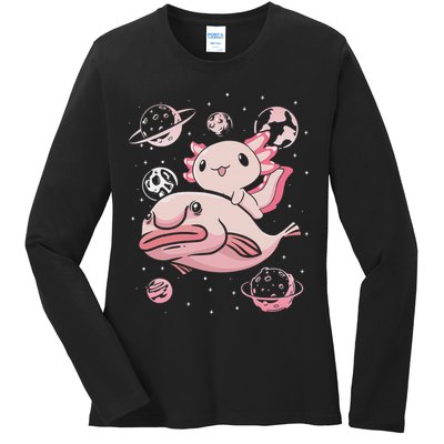 Cute Kawaii Pink Axolotl Riding A Blobfish Funny Axolotls  Ladies Long Sleeve Shirt