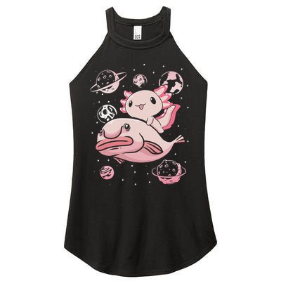 Cute Kawaii Pink Axolotl Riding A Blobfish Funny Axolotls  Women's Perfect Tri Rocker Tank