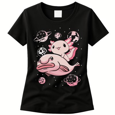 Cute Kawaii Pink Axolotl Riding A Blobfish Funny Axolotls  Womens T-Shirt