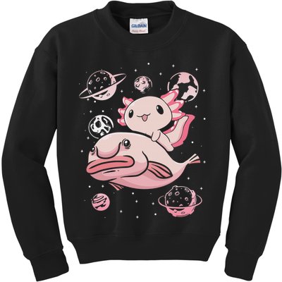 Cute Kawaii Pink Axolotl Riding A Blobfish Funny Axolotls  Kids Sweatshirt