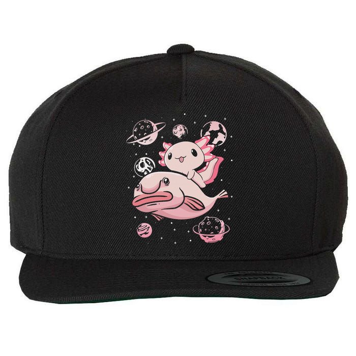 Cute Kawaii Pink Axolotl Riding A Blobfish Funny Axolotls  Wool Snapback Cap