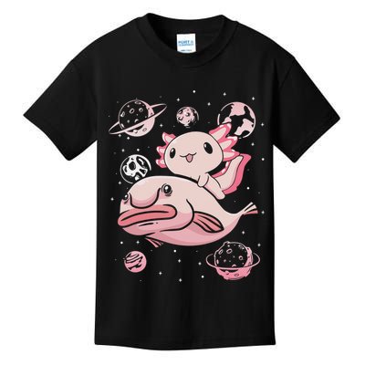 Cute Kawaii Pink Axolotl Riding A Blobfish Funny Axolotls  Kids T-Shirt