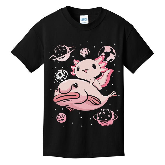 Cute Kawaii Pink Axolotl Riding A Blobfish Funny Axolotls  Kids T-Shirt