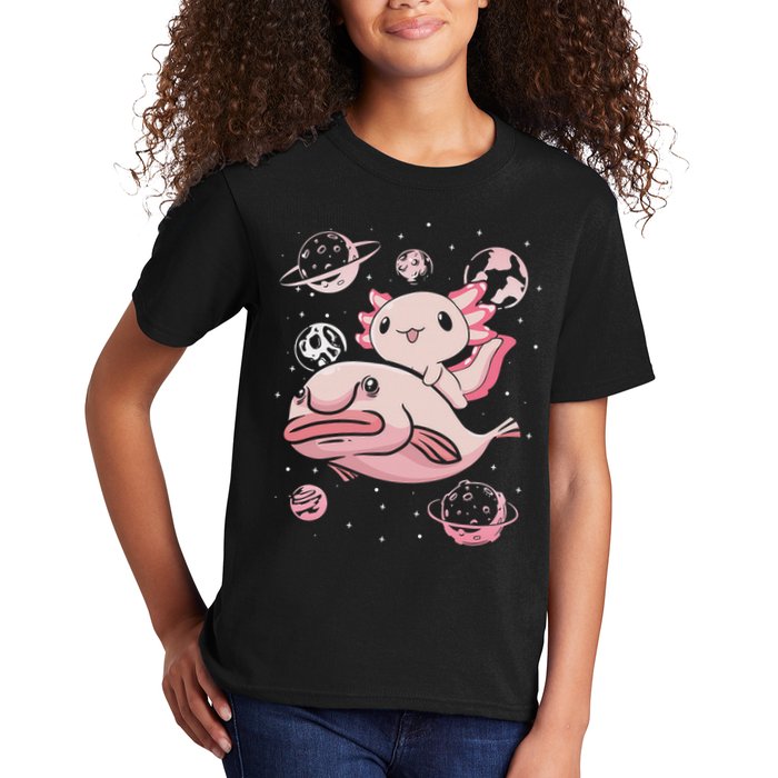 Cute Kawaii Pink Axolotl Riding A Blobfish Funny Axolotls  Kids T-Shirt