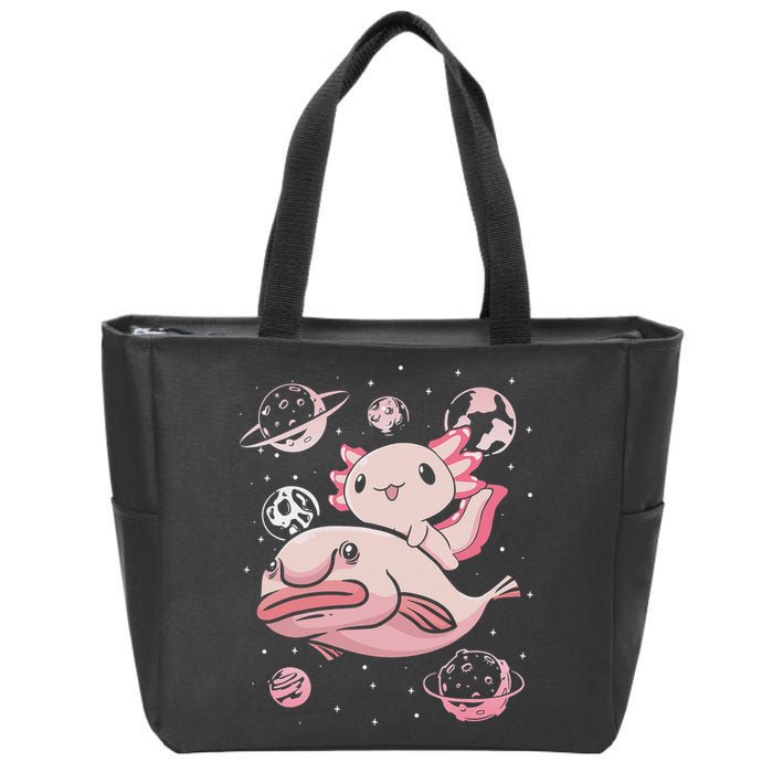 Cute Kawaii Pink Axolotl Riding A Blobfish Funny Axolotls  Zip Tote Bag