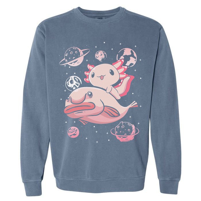 Cute Kawaii Pink Axolotl Riding A Blobfish Funny Axolotls  Garment-Dyed Sweatshirt