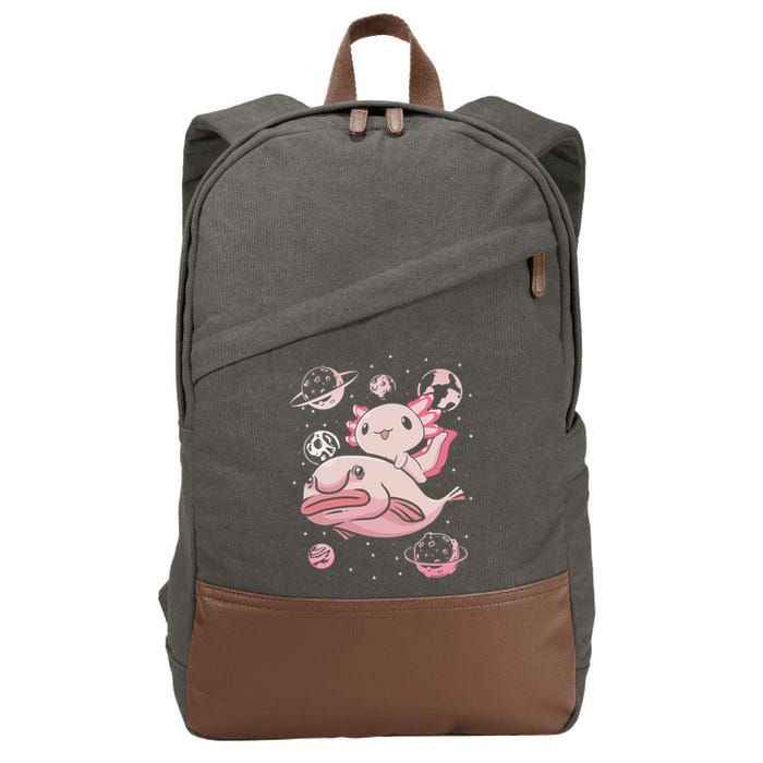 Cute Kawaii Pink Axolotl Riding A Blobfish Funny Axolotls  Cotton Canvas Backpack