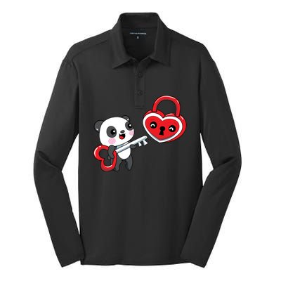 Cute Kawaii Panda Bear With Heart Valentines Great Gift Silk Touch Performance Long Sleeve Polo