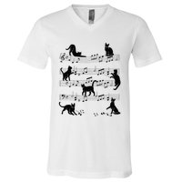 Cat Kitty Playing Music Clef Piano Musician Art V-Neck T-Shirt