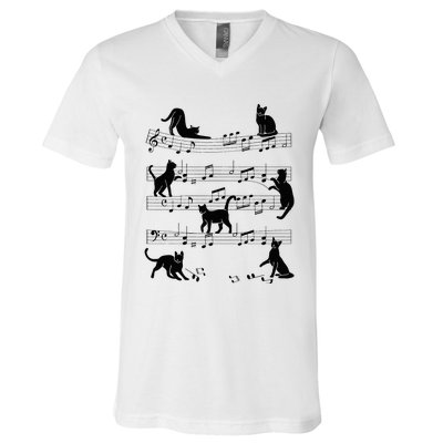 Cat Kitty Playing Music Clef Piano Musician Art V-Neck T-Shirt