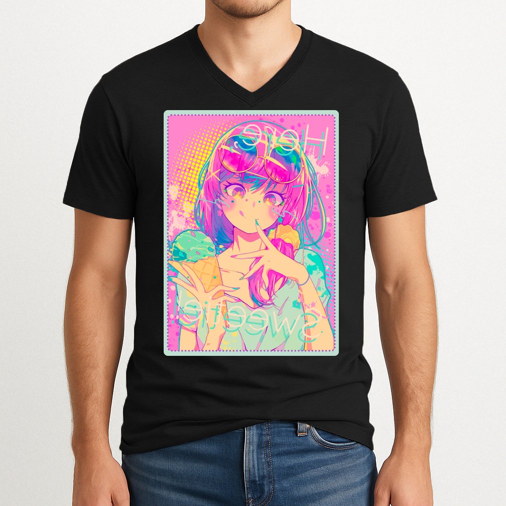 Cute Kawaii Pastel Anime Girl Pop Art Poster V-Neck T-Shirt