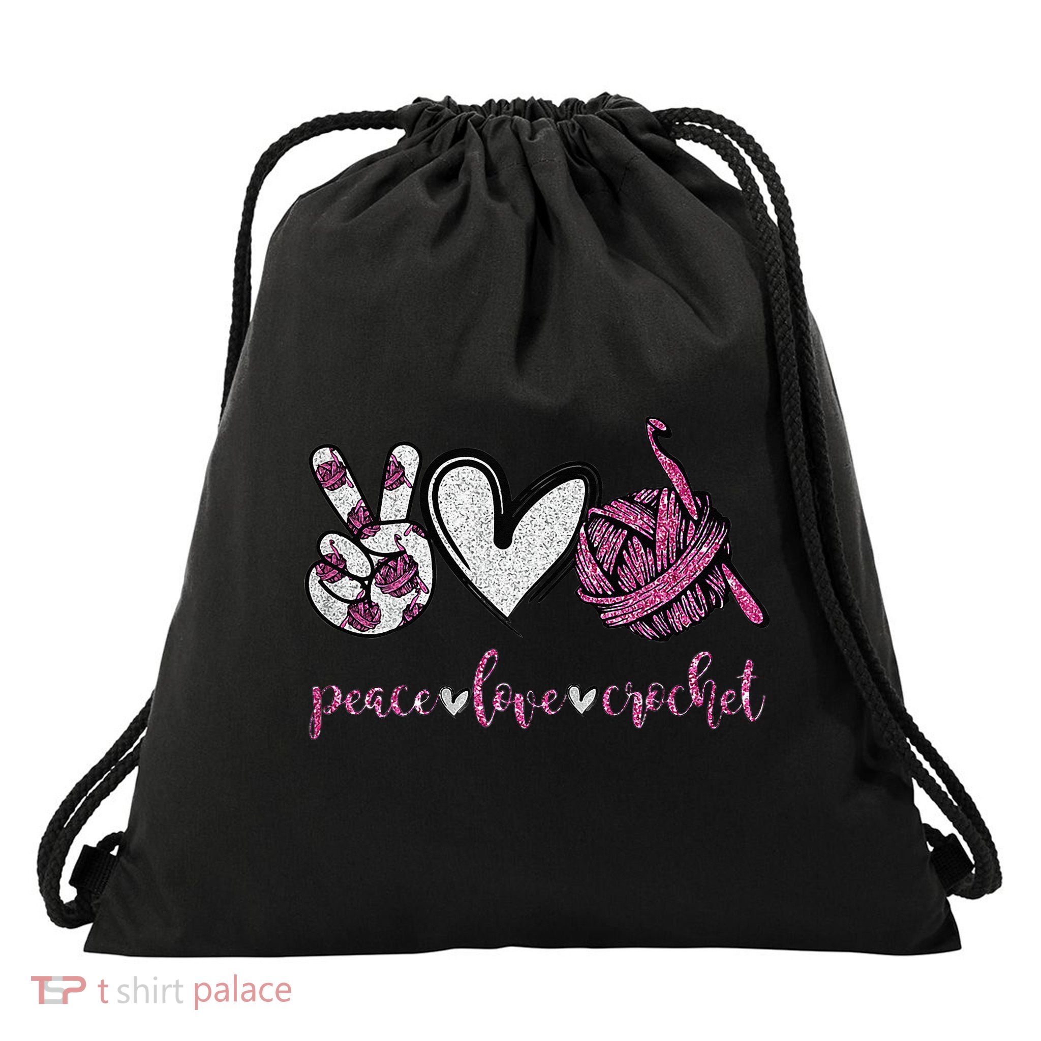 Crochet Knitting Peace Love Crochet Funny Crocheting Drawstring Bag