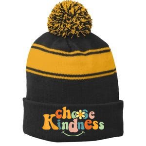 Choose Kindness Retro Groovy Be Kind Inspirationa Stripe Pom Pom Beanie