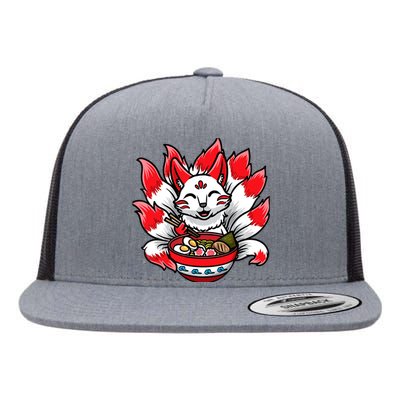 Cute Kitsune Ra Bowl Japanese Noodle Kawaii Anime Fox Flat Bill Trucker Hat