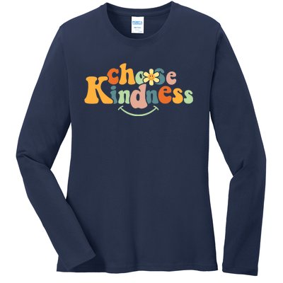 Choose Kindness Retro Groovy Be Kind Inspirational Ladies Long Sleeve Shirt